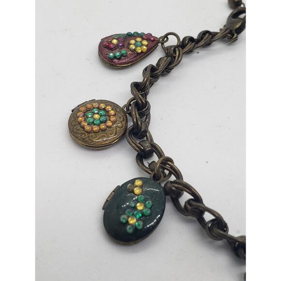 Puffy Heart Charm Bracelet Brass Tone Enamel Decor Teardrop 7 Locket Charms - Picture 8 of 14